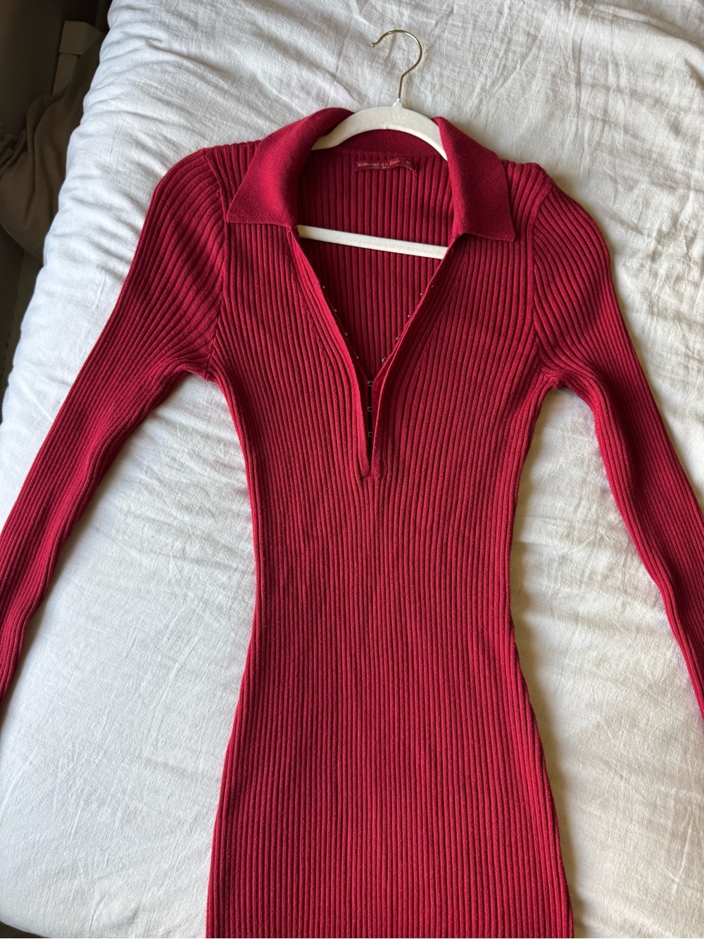 Abercrombie & Fitch Red Ribbed Knit Midi Dress Collared Long Sleeve - M Tall